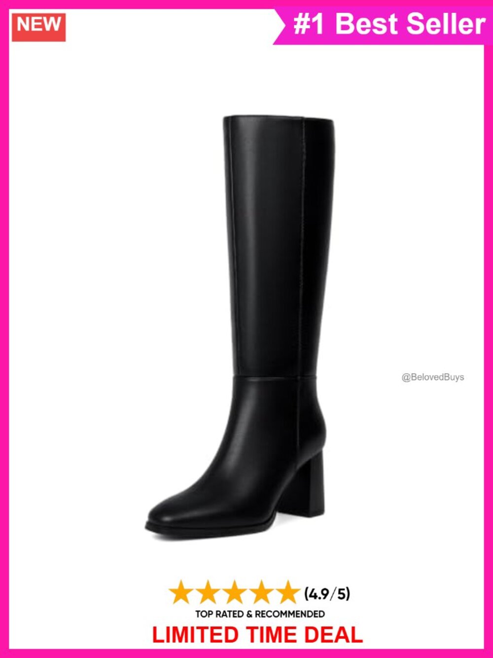 Modatope Knee High Boots Women Square Toe Chunky Heel Faux Leather